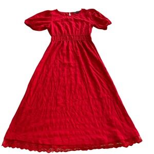 Ava Rose Midi Dress Women Medium Red Lace Trim Puff Sleeve Smocked Waist